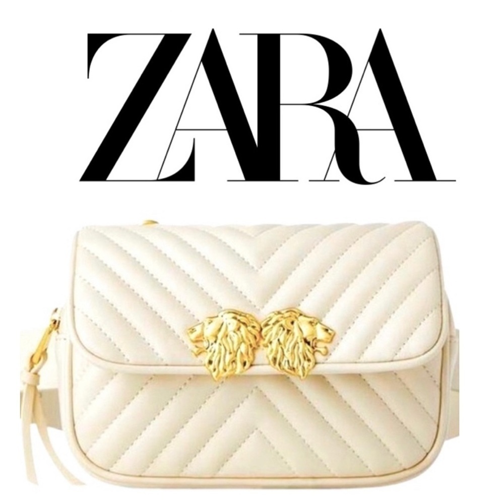 Zara Double Lion Head Ivory Cross-Body Bag Adjustable With Gold Tone Accents Nwt